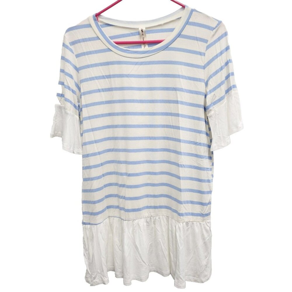 Vanilla Bay Womens BOHO Tunic Top Medium Blue White Striped Ruffle Bell Sleeve